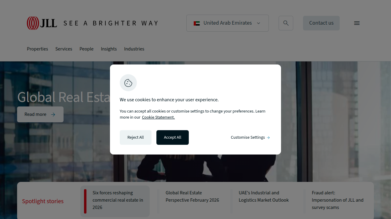 Screenshot of JLL's UAE insights page, a resource for commercial real estate market dynamics and trends.
