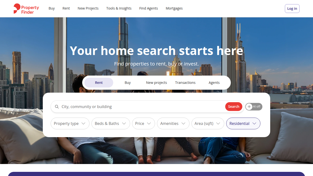 A screenshot of Property Finder's UAE homepage, one of Dubai's leading property listing platforms.