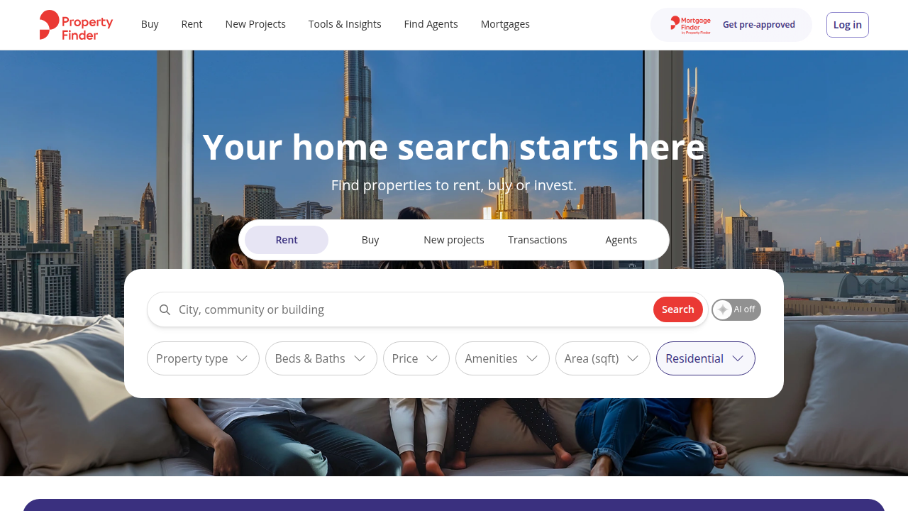 Screenshot of the Property Finder homepage, a leading property search platform in the UAE.