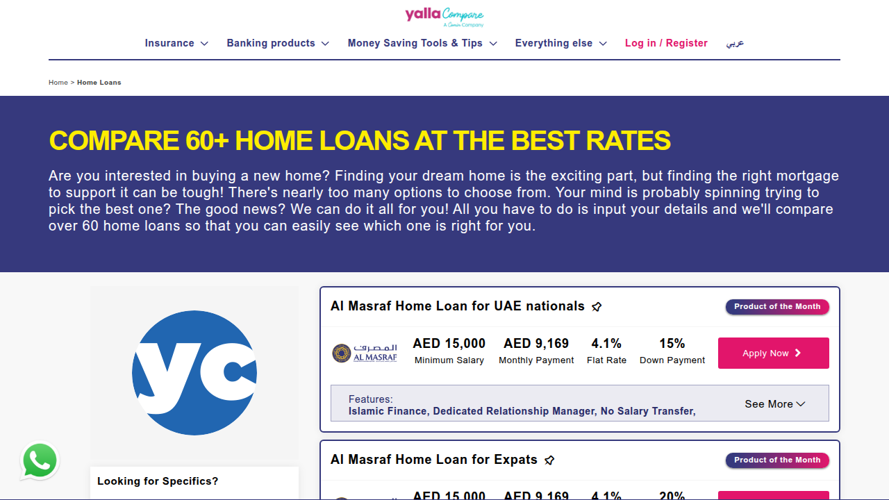 YallaCompare website, a comparison tool for mortgages and financial products in the UAE.