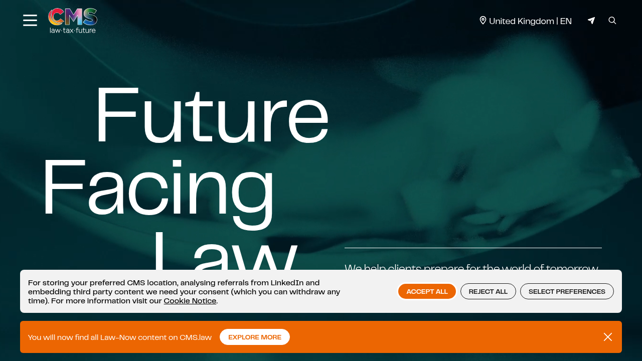 Screenshot of the CMS Law homepage, featuring corporate real estate insights and legal services.