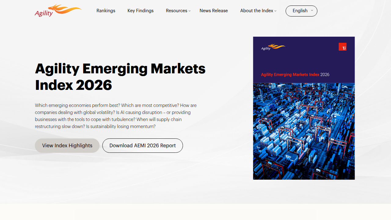 Screenshot of the Agility Emerging Markets Index homepage, providing insights into logistics and market trends.