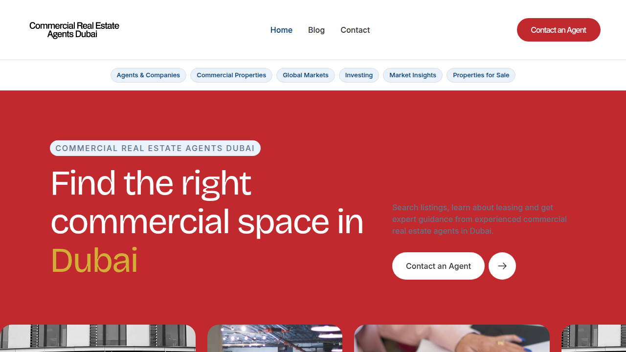 Explore the homepage of a Dubai commercial real estate agency for investment insights.