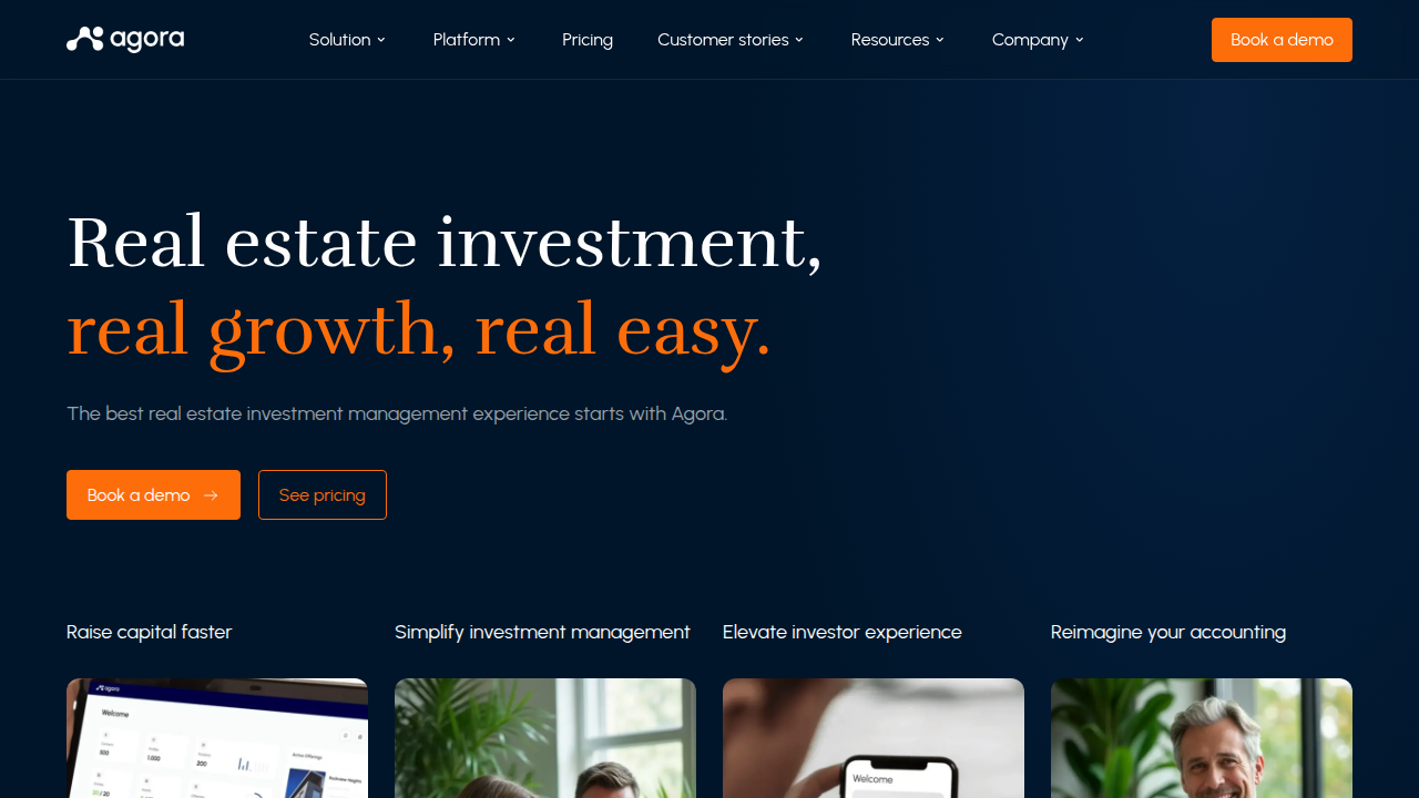 Homepage of Agora Real, a platform offering resources on commercial real estate loan types.