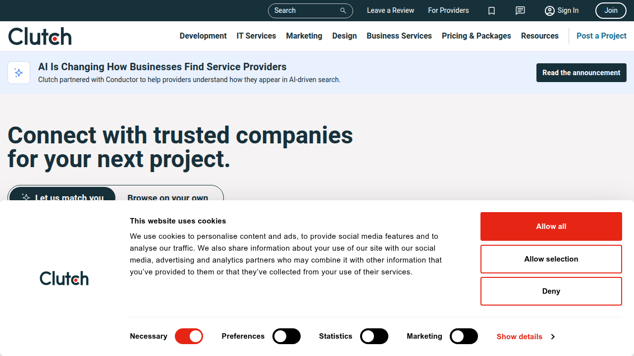 Clutch.co's homepage, a platform known for ranking B2B service providers, including commercial real estate brokers in Dubai.