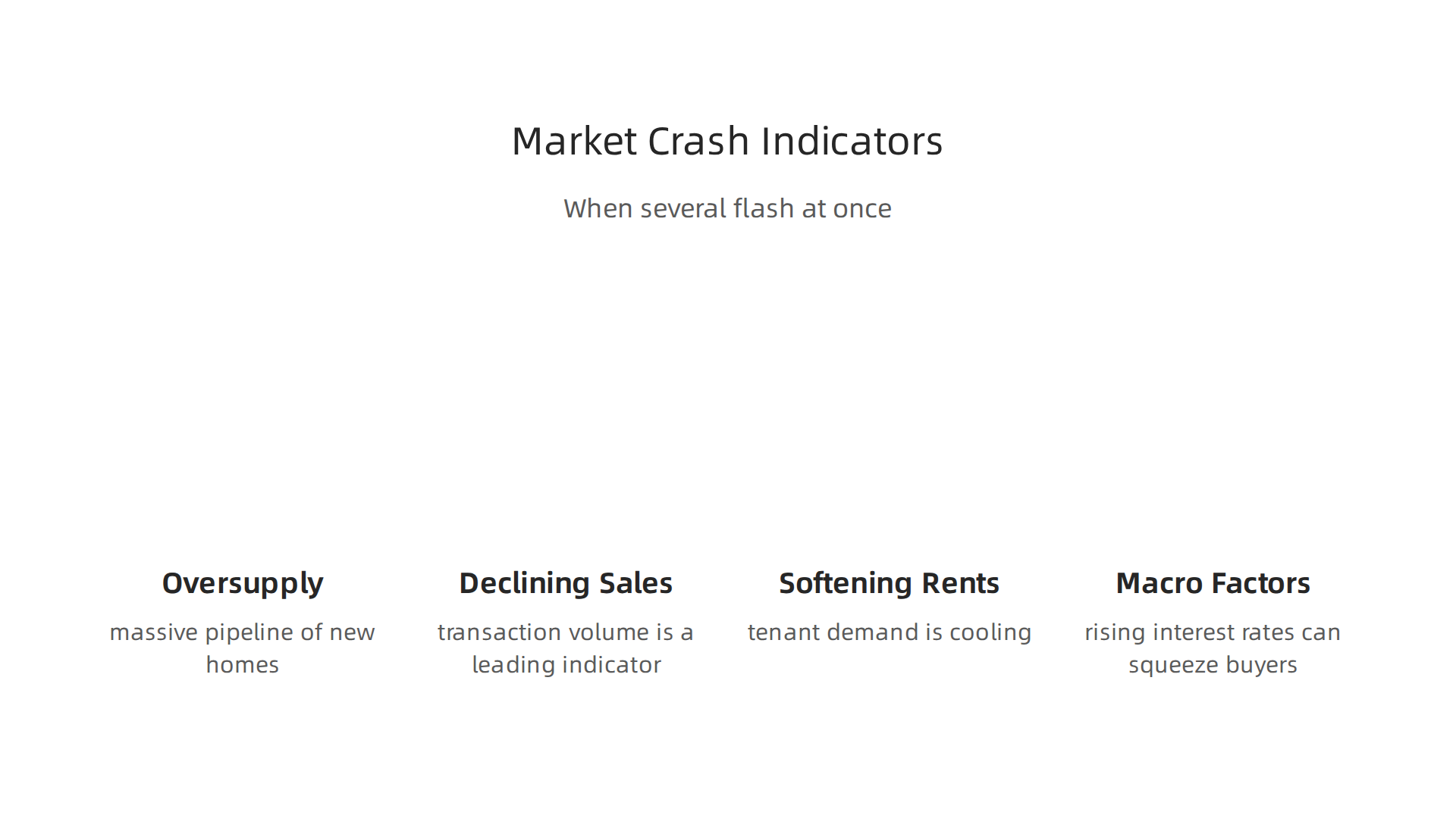 Visualizing the main warning signs that could signal a potential property market crash in Dubai.