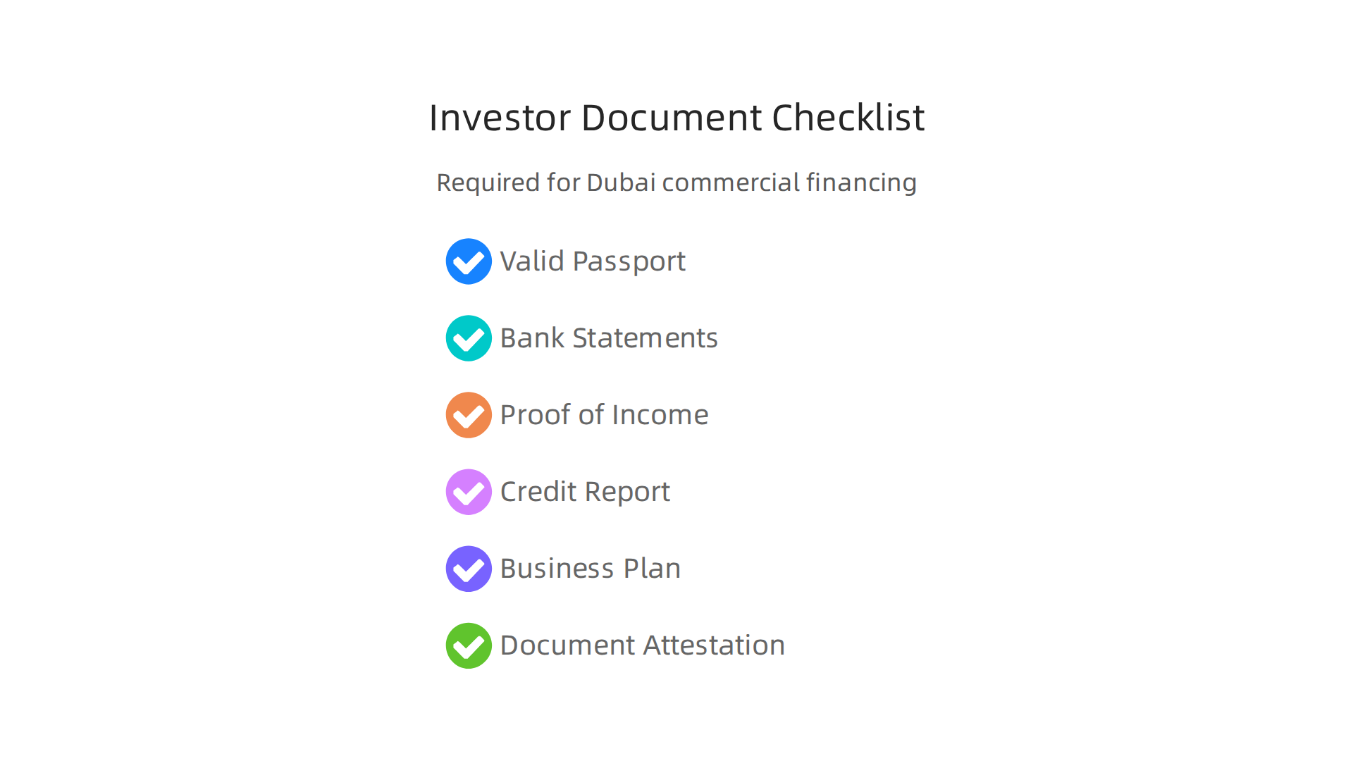 A comprehensive checklist of essential documents for foreign and expat investors applying for commercial property financing in Dubai.