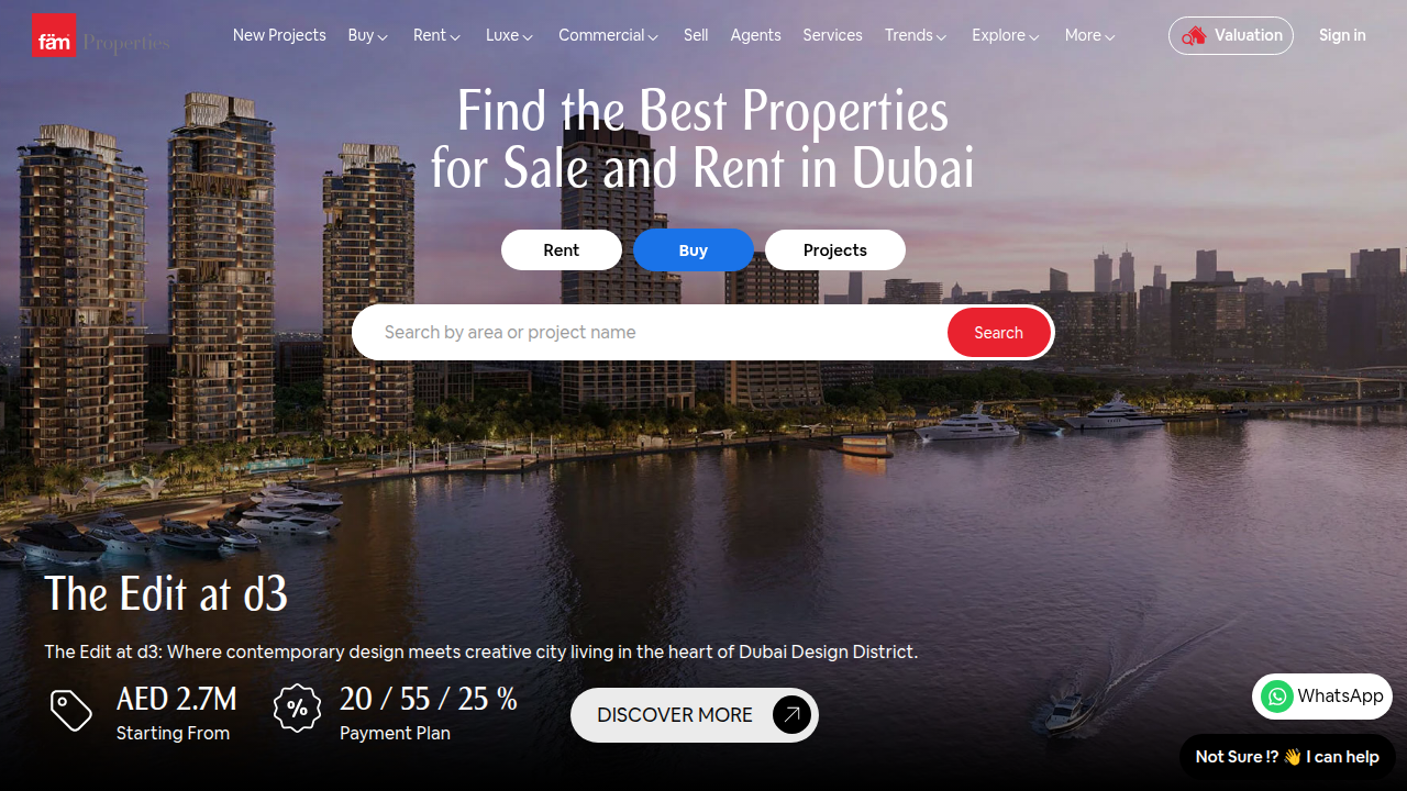 Screenshot of Fam Properties website, featuring commercial lands and plots for sale in Dubai.