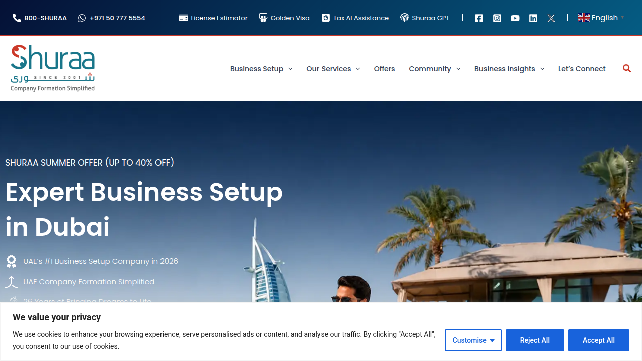 The Shuraa website, offering services for business setup, including commercial brokerage licenses in Dubai.