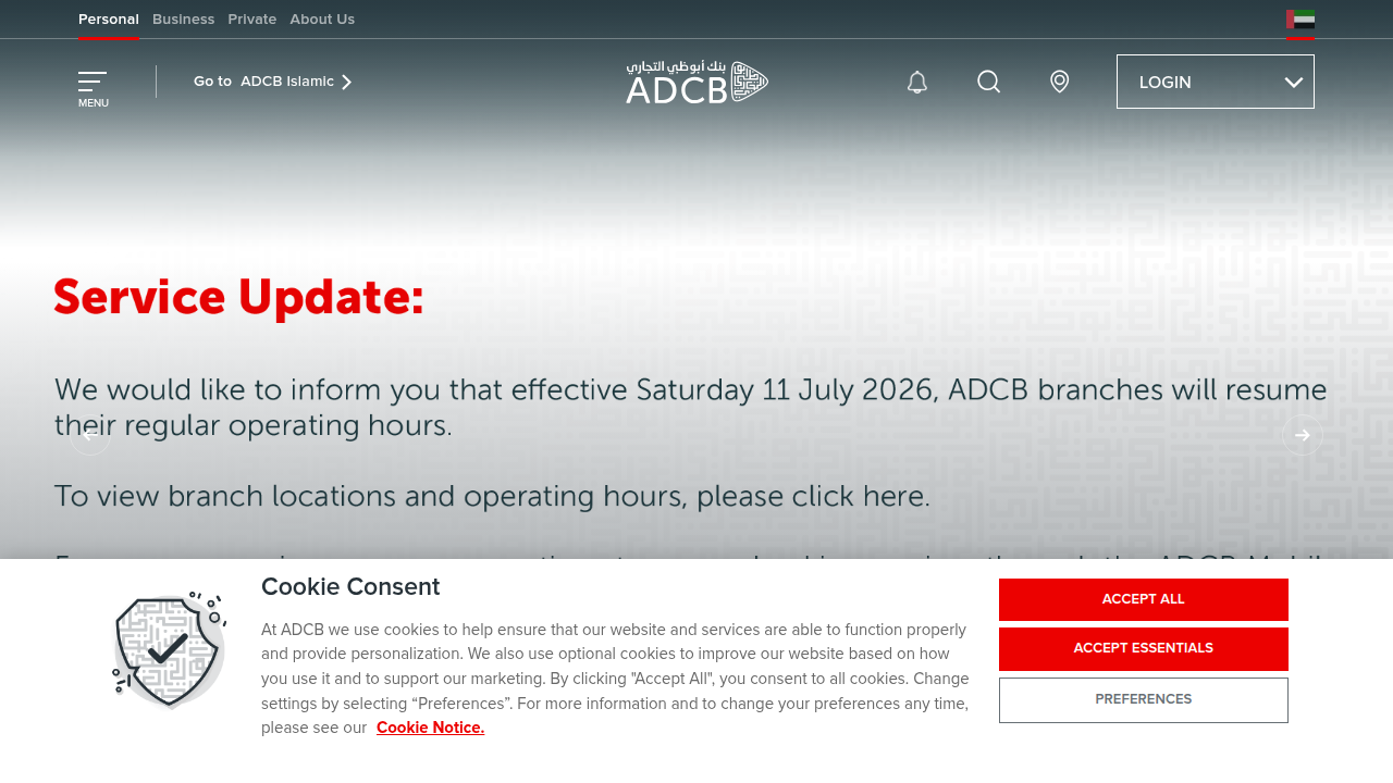 Screenshot of Abu Dhabi Commercial Bank (ADCB) website, showcasing current EIBOR rates, a key benchmark for Dubai mortgages.