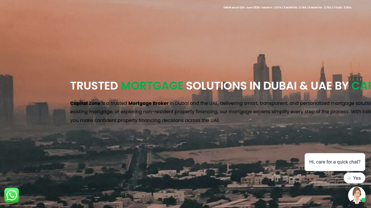 Screenshot of Capital Zone's website, offering guidance on qualifying for commercial mortgages in the UAE.