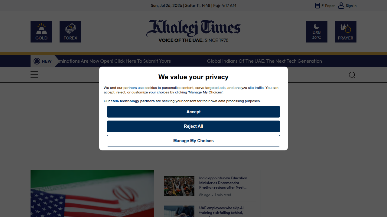 Screenshot of Khaleej Times' homepage, a source for Dubai real estate market insights.