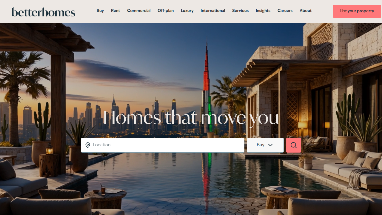 Screenshot of Betterhomes' (bhomes.com) Dubai real estate portal, offering commercial leasing guidelines.