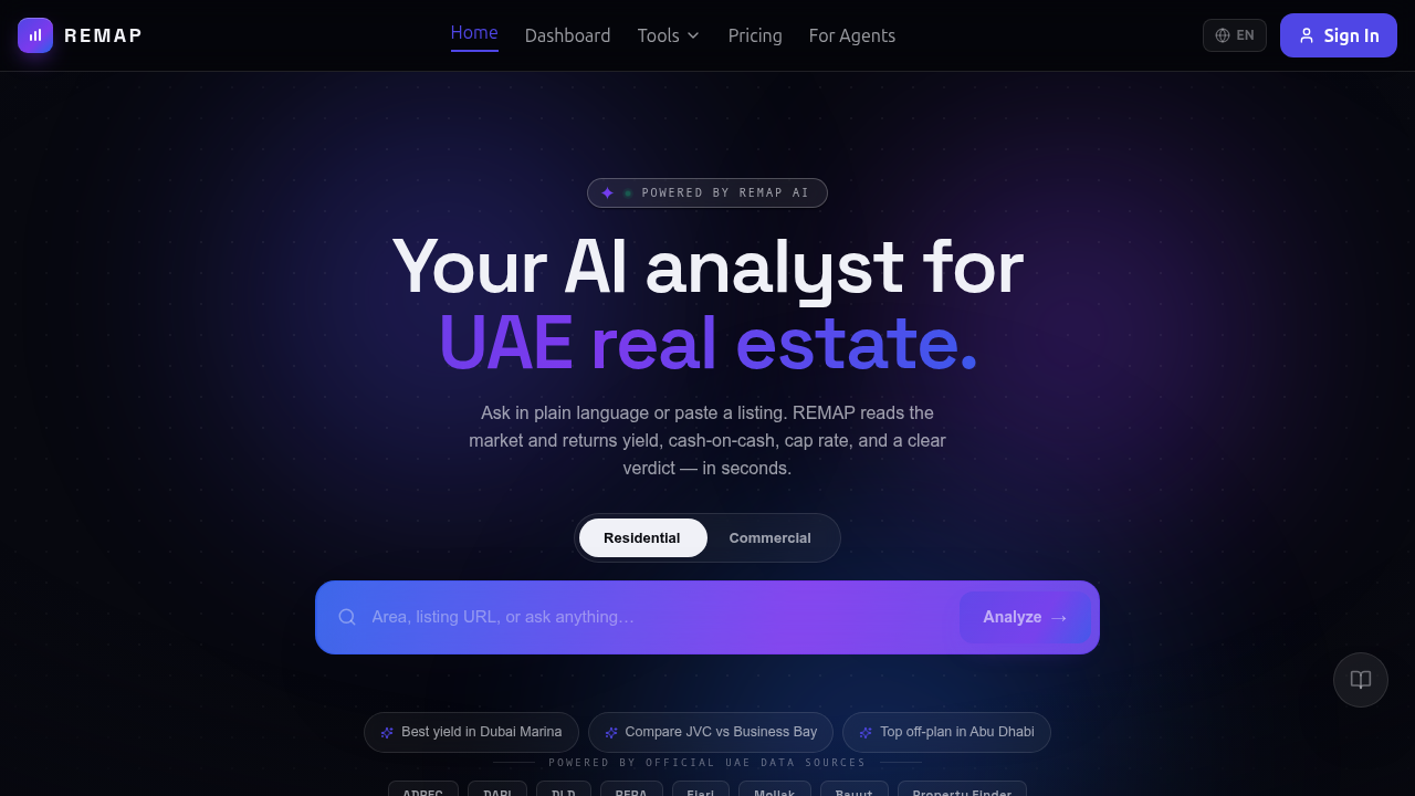Screenshot of Remap.ae's homepage, a platform offering real estate tools like an ROI calculator for Dubai.